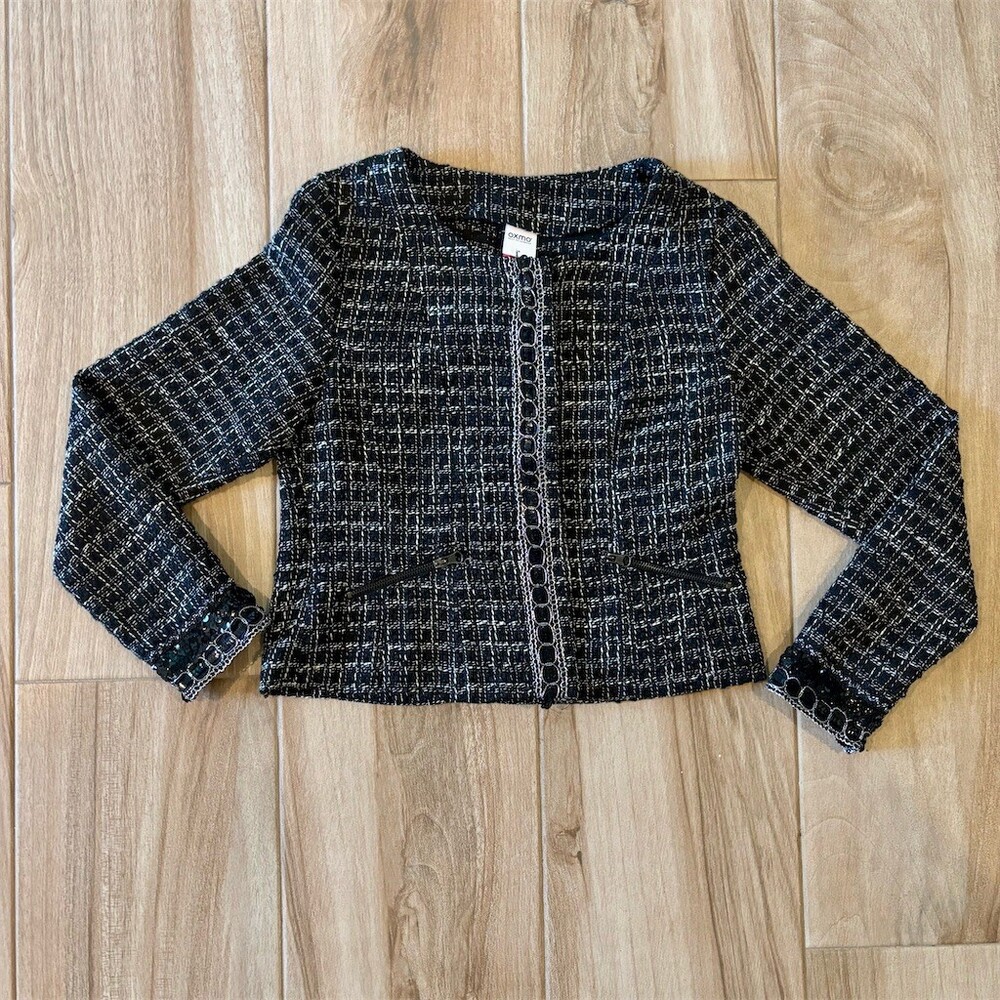 OXMO Jacket Womens Size M Black White Check Cropped Collarless Sequin Trim